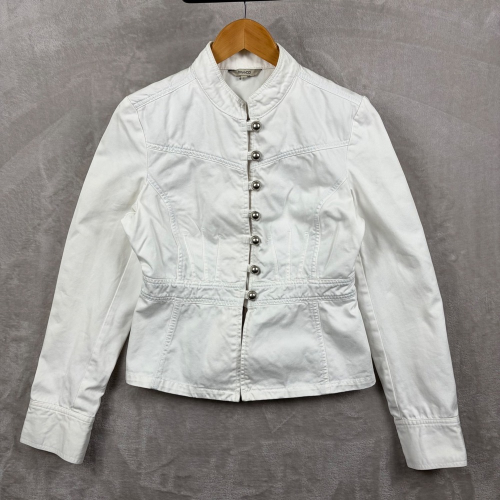 RW&CO Denim Jacket Size M White Band Collar Button Front Retro Y2K